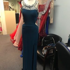Peacock Blue off the shoulder beaded gown 18021